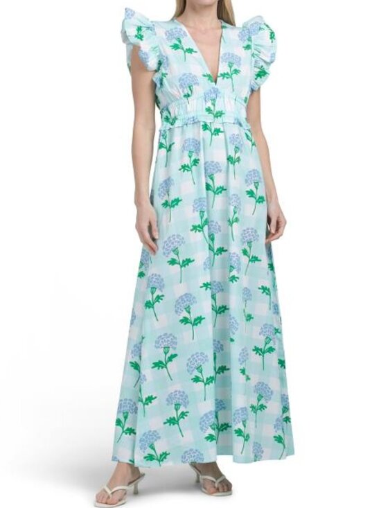 Sail to Sable Dresses & Skirts - SAIL TO SABLE Flutter Sleeve V-neck Gingham Dress With Flowers